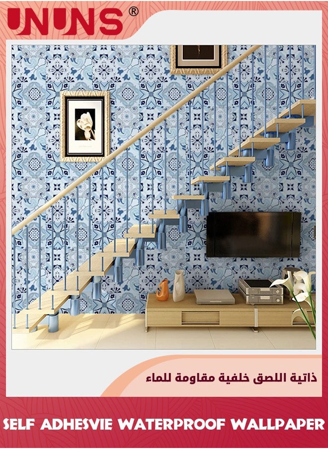 UNUNS ملصقات الحائط، ورق حائط ذاتي اللصق 45 سم × 10 متر، ورق حائط من البلاط المغربي، ملصقات حائط قابلة للتقشير واللصق، ديكور حائط مقاوم للماء والزيت لغرفة المعيشة والحمام والمطبخ والأثاث  - Image 2