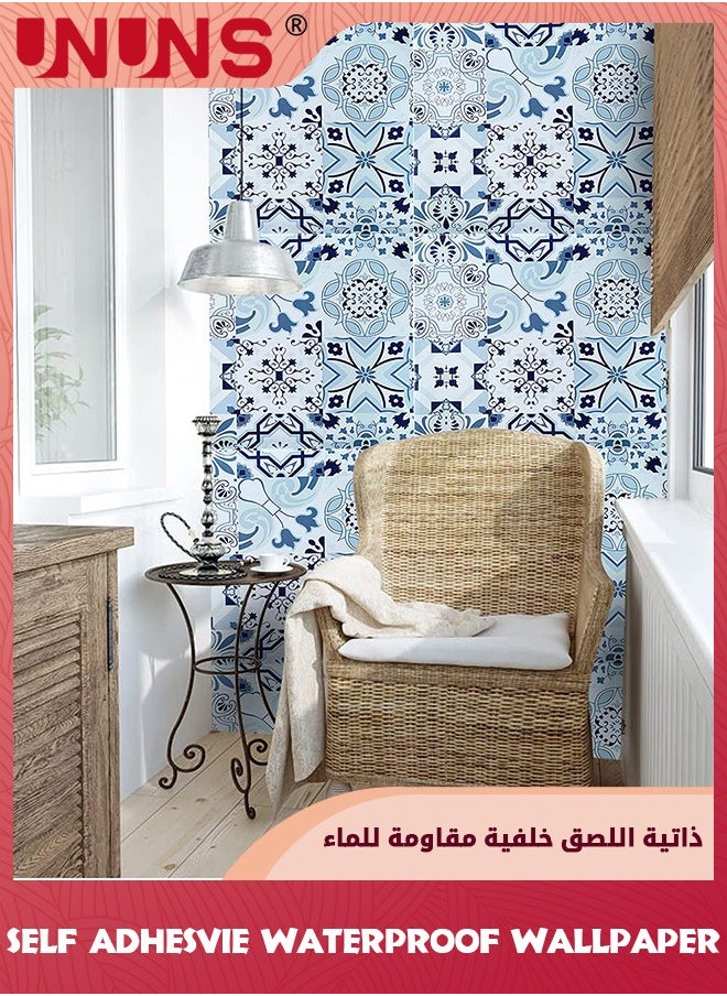 UNUNS ملصقات الحائط، ورق حائط ذاتي اللصق 45 سم × 10 متر، ورق حائط من البلاط المغربي، ملصقات حائط قابلة للتقشير واللصق، ديكور حائط مقاوم للماء والزيت لغرفة المعيشة والحمام والمطبخ والأثاث  - Image 3