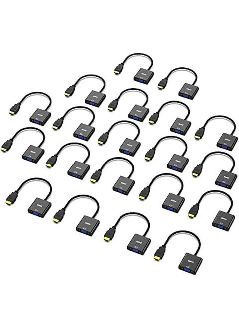 20 Pack of Gold-Plated HDMI to VGA Adapters for Computer, Desktop, Laptop, Monitor, Projector, HDTV, Chromebook, Raspberry Pi, Roku, Xbox - Black.