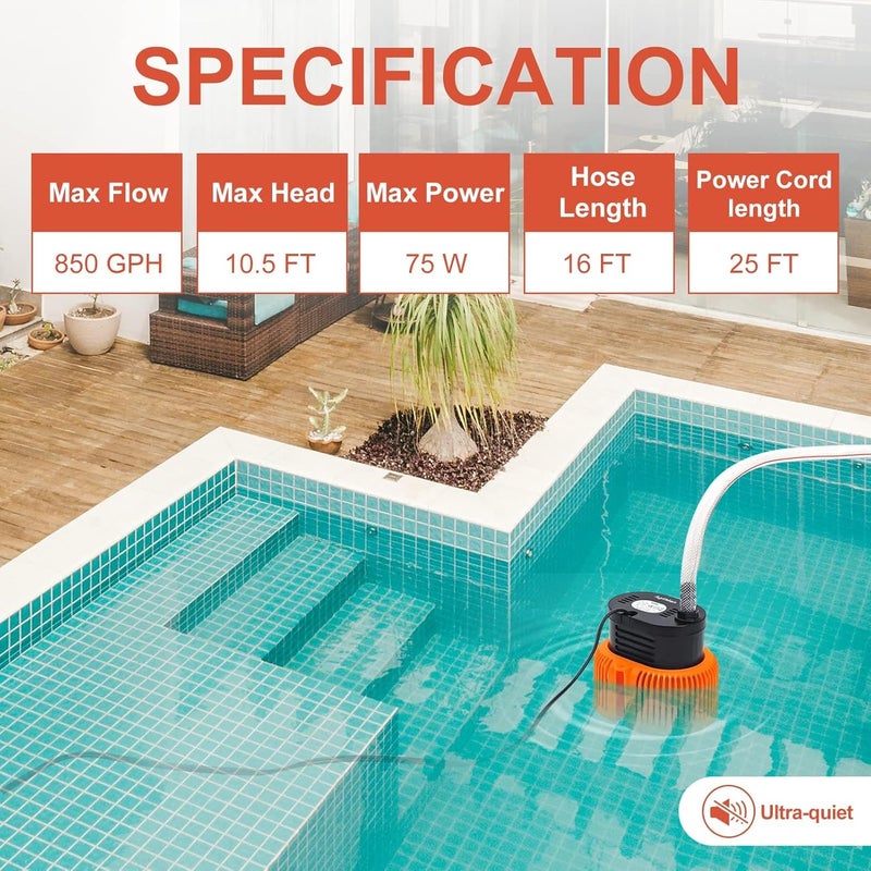 AgiiMan Pool Cover Pump Above Ground - Submersible Swimming Sump Inground Pump, Water Removal with 16' Drainage Hose and 25 Feet Power Cord, 850 GPH, 3 Adapters - Image 2