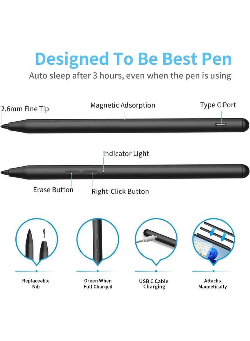 Bluejw Pen for Microsoft Surface Pro 10/9/8/X/7+/6/5/4/3/Surface 3, Surface Go 4/3/2/1, Surface Laptop/Studio/Book 4/3/2/1 with 4096 Pressure Sensitivity, Palm Rejection, Tilt Function (Charging Black) - Image 2