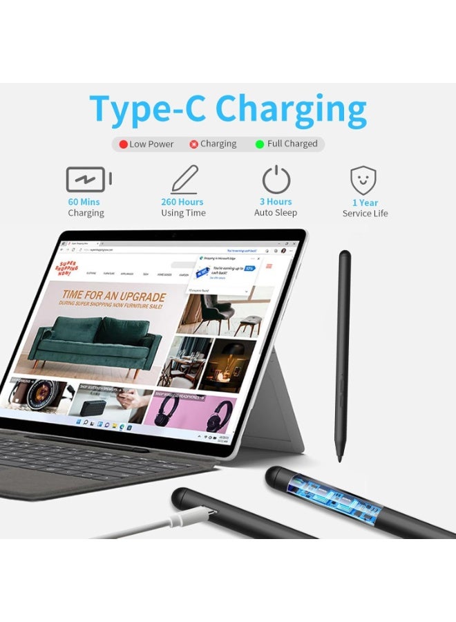 Bluejw Pen for Microsoft Surface Pro 10/9/8/X/7+/6/5/4/3/Surface 3, Surface Go 4/3/2/1, Surface Laptop/Studio/Book 4/3/2/1 with 4096 Pressure Sensitivity, Palm Rejection, Tilt Function (Charging Black) - Image 3
