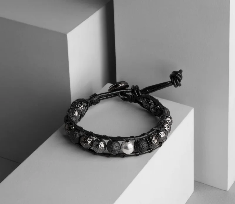 Minza  Minza “Shine Lava” Men’s Silver Bracelet, Sterling Silver Bead, Lava Stone, Hematite & Genuine Leather, Adjustable Button Clasp, Jewelry for Casual & Everyday Wear. for Men | Best Price UAE