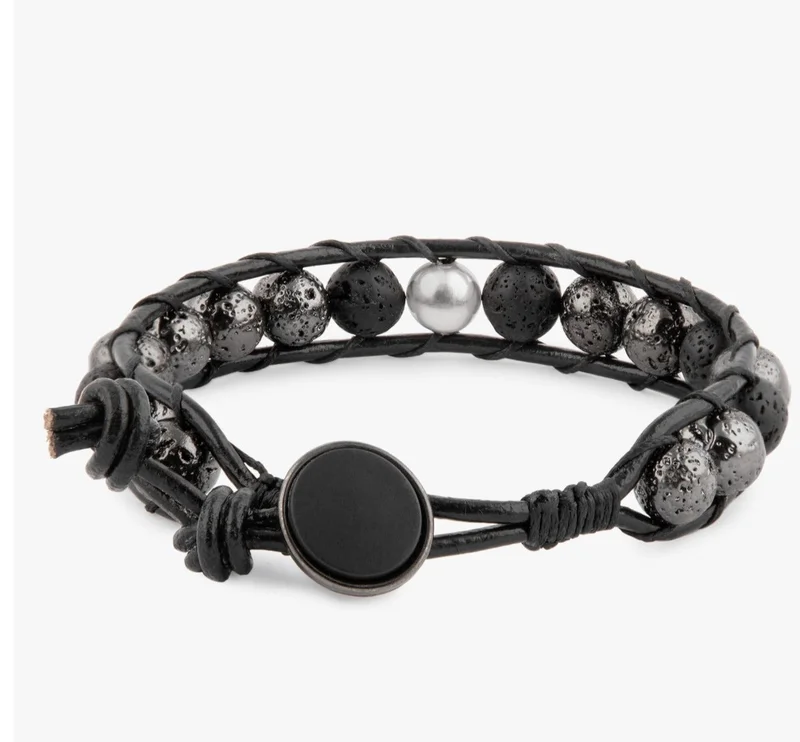 Minza  Minza “Shine Lava” Men’s Silver Bracelet, Sterling Silver Bead, Lava Stone, Hematite & Genuine Leather, Adjustable Button Clasp, Jewelry for Casual & Everyday Wear. for Men | Best Price UAE