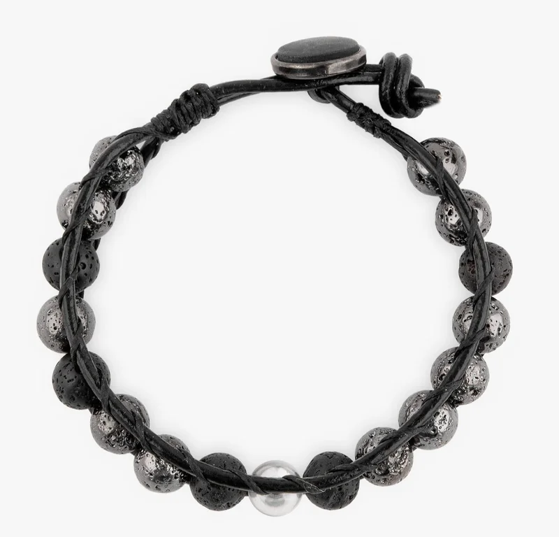 Minza  Minza “Shine Lava” Men’s Silver Bracelet, Sterling Silver Bead, Lava Stone, Hematite & Genuine Leather, Adjustable Button Clasp, Jewelry for Casual & Everyday Wear. for Men | Best Price UAE