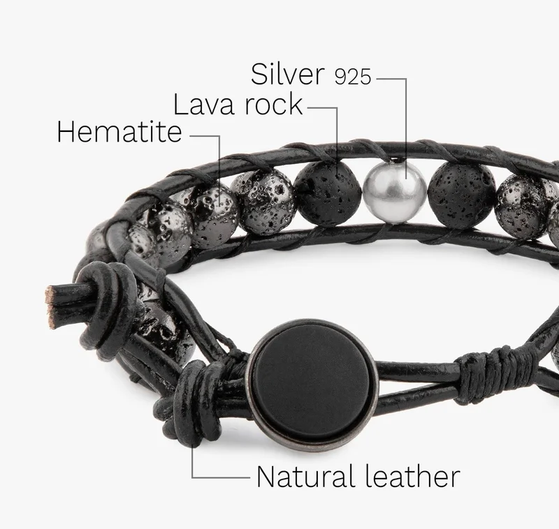 Minza Minza “Shine Lava” Men’s Silver Bracelet, Sterling Silver Bead, Lava Stone, Hematite & Genuine Leather, Adjustable Button Clasp, Jewelry for Casual & Everyday Wear.
