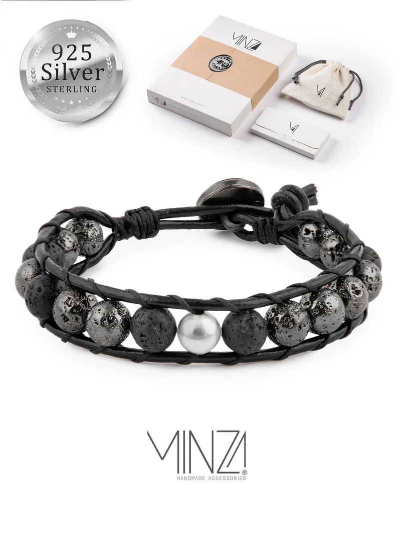 Minza Minza “Shine Lava” Men’s Silver Bracelet, Sterling Silver Bead, Lava Stone, Hematite & Genuine Leather, Adjustable Button Clasp, Jewelry for Casual & Everyday Wear.
