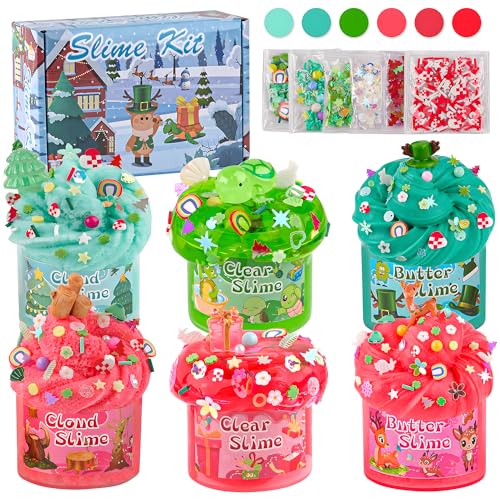 LAWOHO 6 Packs Red Green Slime for Kids Clear Butter Cloud Slime Making Kit with Glow in The Dark Addins Charms Slimes Kit for Boys Girls Party Favors Birthday St Patricks Day Easter - Image 1