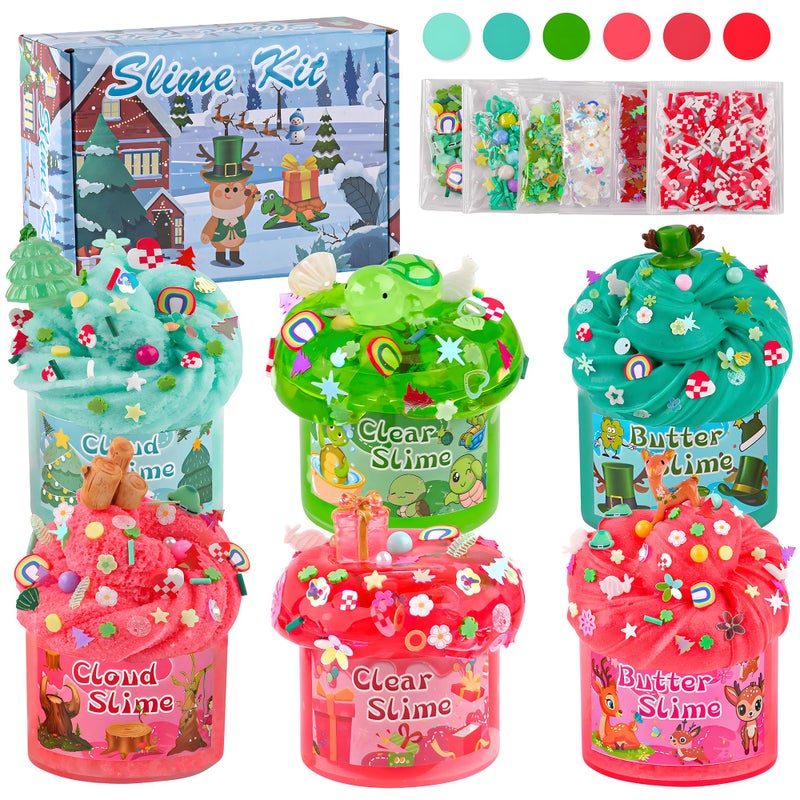 LAWOHO 6 Packs Red Green Slime for Kids Clear Butter Cloud Slime Making Kit with Glow in The Dark Addins Charms Slimes Kit for Boys Girls Party Favors Birthday St Patricks Day Easter - Image 3