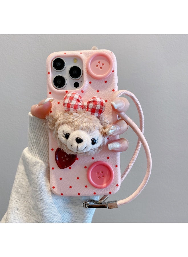 NIBEMINENT Plush Filipino New Protective TPU Case Cover For iPhone 14 Pro, Pink With Plush Shirley Rose Button