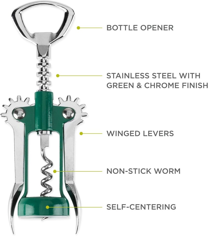 True Soar Winged Corkscrew Wine Opener Manual, Heavy Duty Stainless Steel Cork Openers in Chrome Finish Home Bar Accessories Bar Tools, Set of 1 Green - Image 1