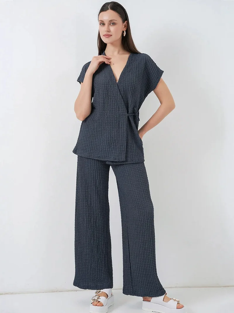 BIG DART BDART Textured V-Neck Tie Detail Two-Piece Coord Set