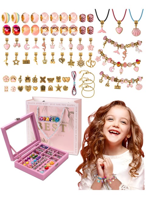 مجموعة الأساور GRAFLO للفتيات، مكوّنة من 66 قطعة، تشمل صندوق مجوهرات، سحر المجوهرات، وأساور لصناعة الحلي بنفسك، هدية مجوهرات مناسبة للكبار والأطفال، هدية مناسبة للفتيات من 8 إلى 12 عامًا (لون (ذهبي)