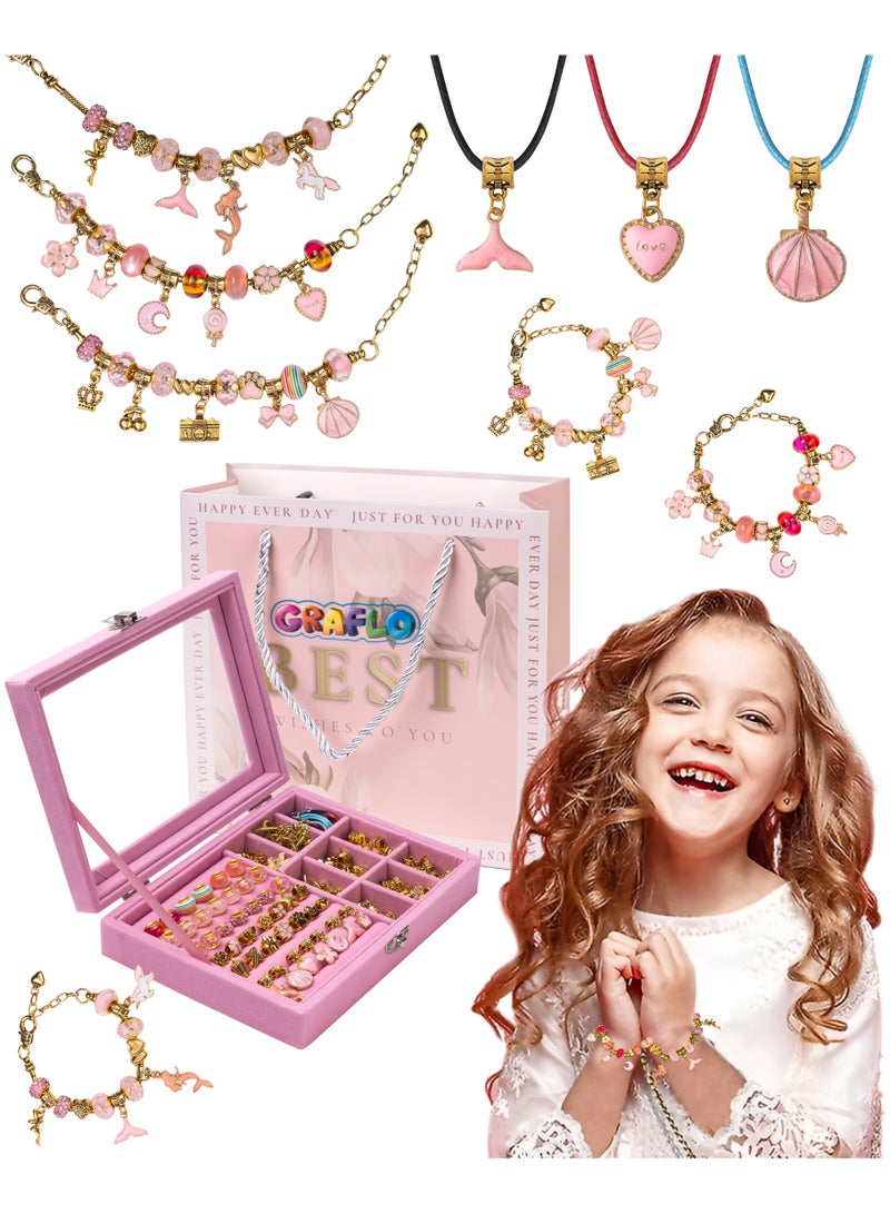 مجموعة الأساور GRAFLO للفتيات، مكوّنة من 66 قطعة، تشمل صندوق مجوهرات، سحر المجوهرات، وأساور لصناعة الحلي بنفسك، هدية مجوهرات مناسبة للكبار والأطفال، هدية مناسبة للفتيات من 8 إلى 12 عامًا (لون (ذهبي)