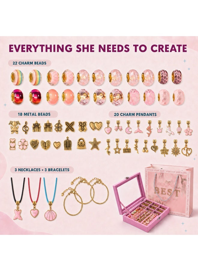 GRAFLO Bracelet Making Kit for Girls, Charm Bracelets Kit with 66pcs Beads with Jewelry Box, Elegant Clay Set for DIY Craft, Gift for Adolescent & Kids, for 6-12 Years Old (Gold & Pink) - Image 3