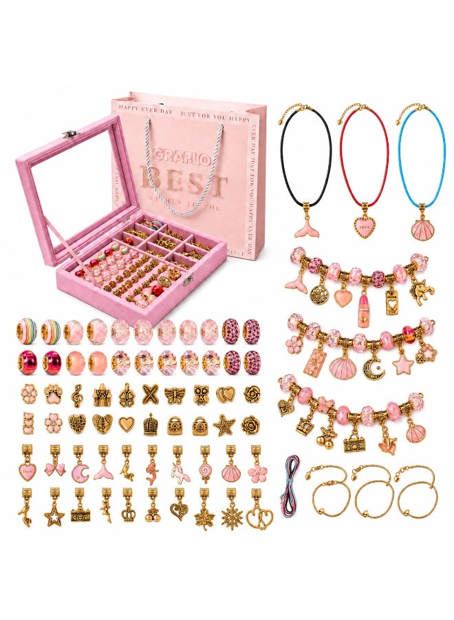 GRAFLO Bracelet Making Kit for Girls, Charm Bracelets Kit with 66pcs Beads with Jewelry Box, Elegant Clay Set for DIY Craft, Gift for Adolescent & Kids, for 6-12 Years Old (Gold & Pink) - Image 1