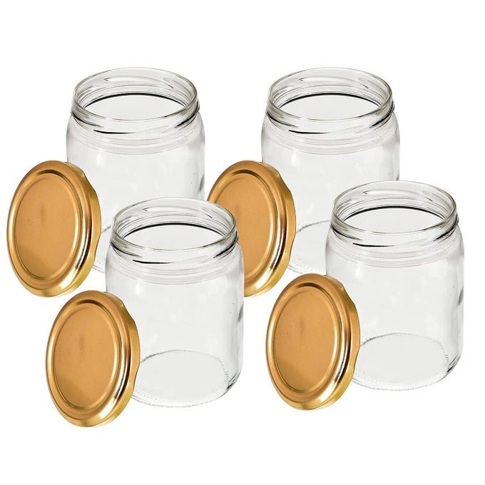 ROUND SMALL GLASS JAR 200ML WITH GOLDEN LID FOR KITCHEN STORAGE AND MORE PACK OF 4 TRANSPARENT