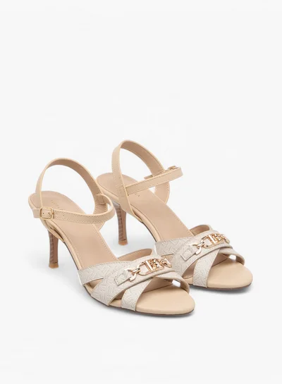 Flora Bella By Shoexpress Monogram Print Sandals with Stiletto Heels and Buckle Closure