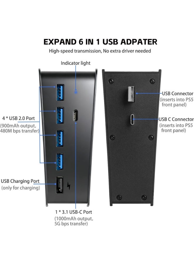 كيه جاي إتش محول موزع USB بـ 6 منافذ لتوسيع الملحقات والشحن مزود بـ 4 منافذ USB-A 2.0، ومنفذ شحن مخصص، ومنفذ Type-C، متوافق مع المنافذ الأمامية لوحدة تحكم PlayStation 5 - Image 2