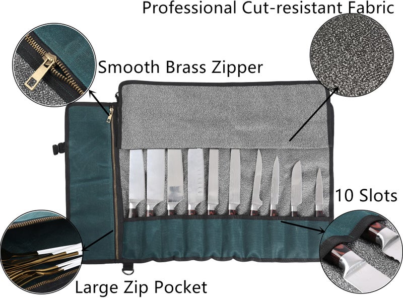 Denifiter Professional Chef's Knife Bag with Anti Cutting Fabric Inside, Heavy Duty 16oz Waxed Canvas Knife Roll, 11 Slots & Durable Handle Adjustable Shoulder Strap (Dark Green) - Image 3