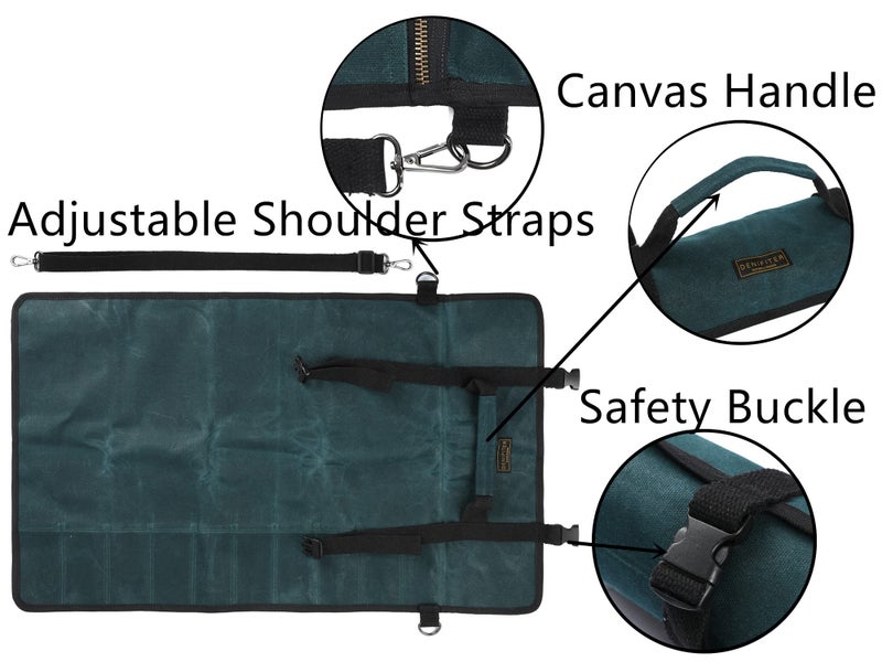 Denifiter Professional Chef's Knife Bag with Anti Cutting Fabric Inside, Heavy Duty 16oz Waxed Canvas Knife Roll, 11 Slots & Durable Handle Adjustable Shoulder Strap (Dark Green) - Image 4