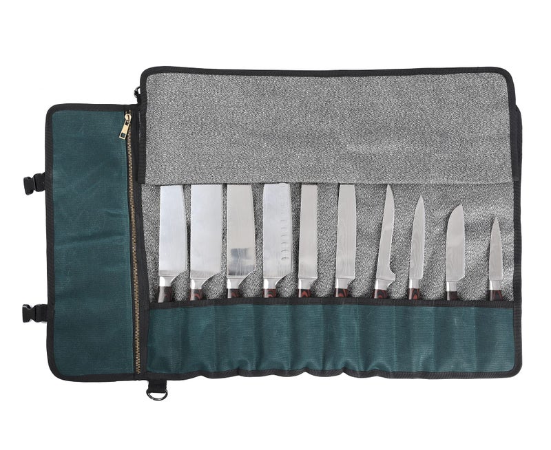 Denifiter Professional Chef's Knife Bag with Anti Cutting Fabric Inside, Heavy Duty 16oz Waxed Canvas Knife Roll, 11 Slots & Durable Handle Adjustable Shoulder Strap (Dark Green) - Image 1
