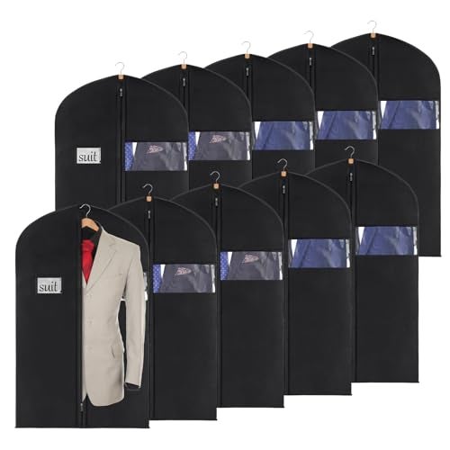 KEEGH 40" Suit Cover Bags for Men (Set of 10) Garment Bags for Hanging Clothes, Suit Bags for Closet Storage or Travel, Clothes Cover for Suits Coats with Clear Window and Label Pocket, Black - Image 1