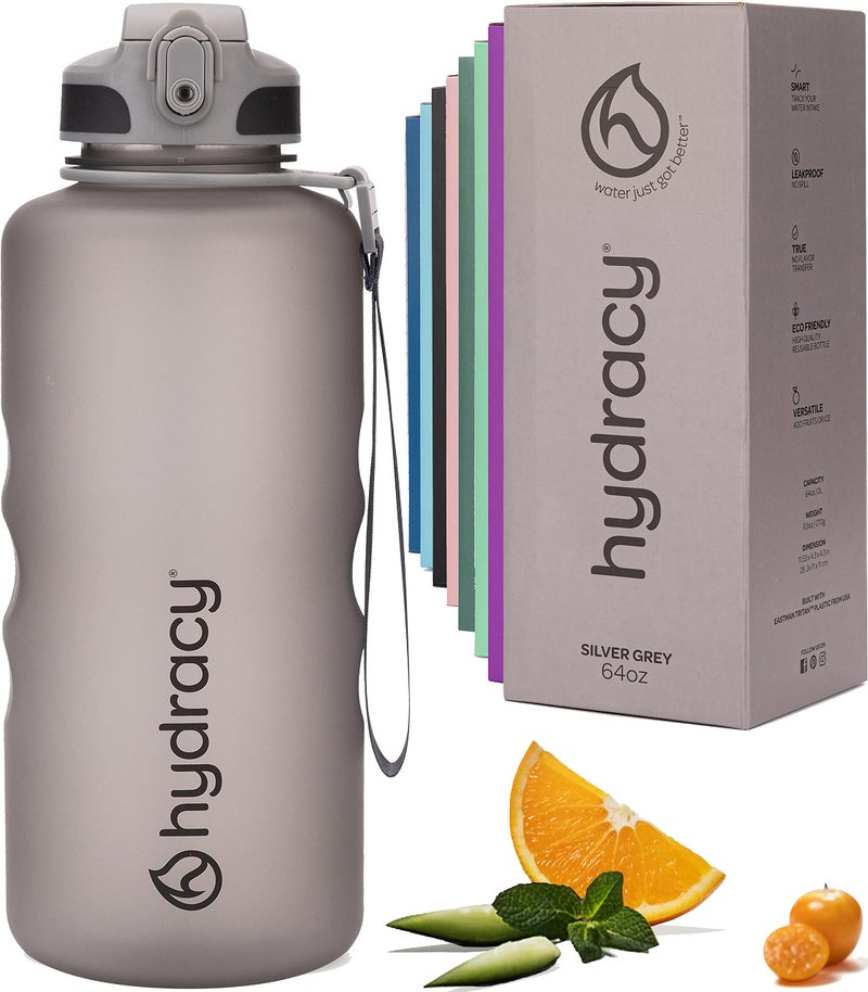 Hydracy Water Bottle with Times to Drink & Straw -Large Half Gallon 64 oz BPA Free Motivational Water Bottle & No Sweat Sleeve -Leak Proof Gym Bottle with Time Marker -Ideal Gift for Sports & Outdoors