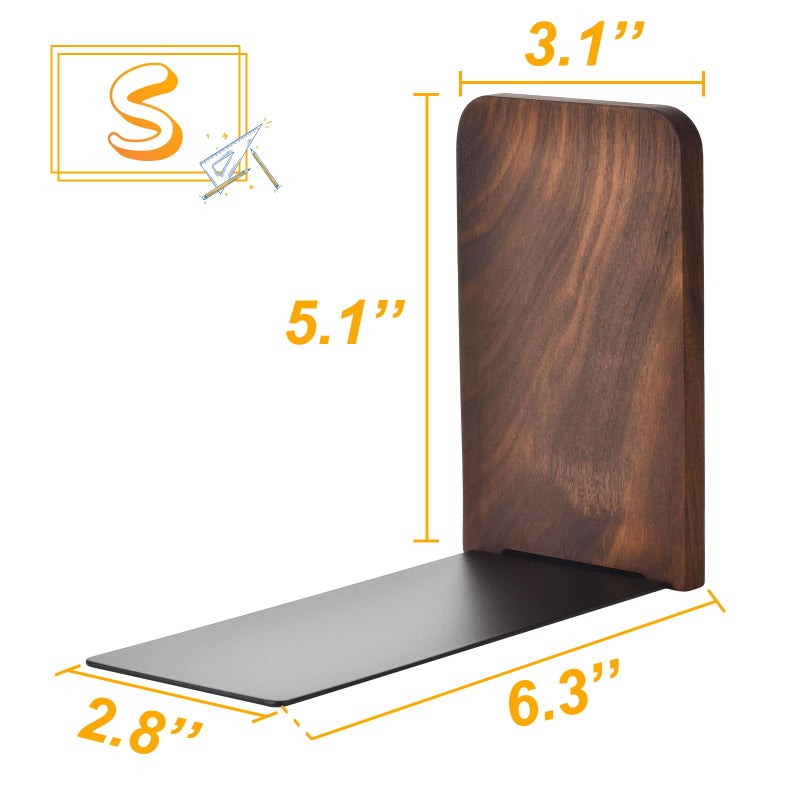 VIVTOB Book Ends, Black Walnut Wooden Bookends for Shelves - Heavy Duty Non-Slip Book Organizers, Upgraded Decorative Bookend Holders for Home, Kitchen, Office, Set of 2, Small - Image 5