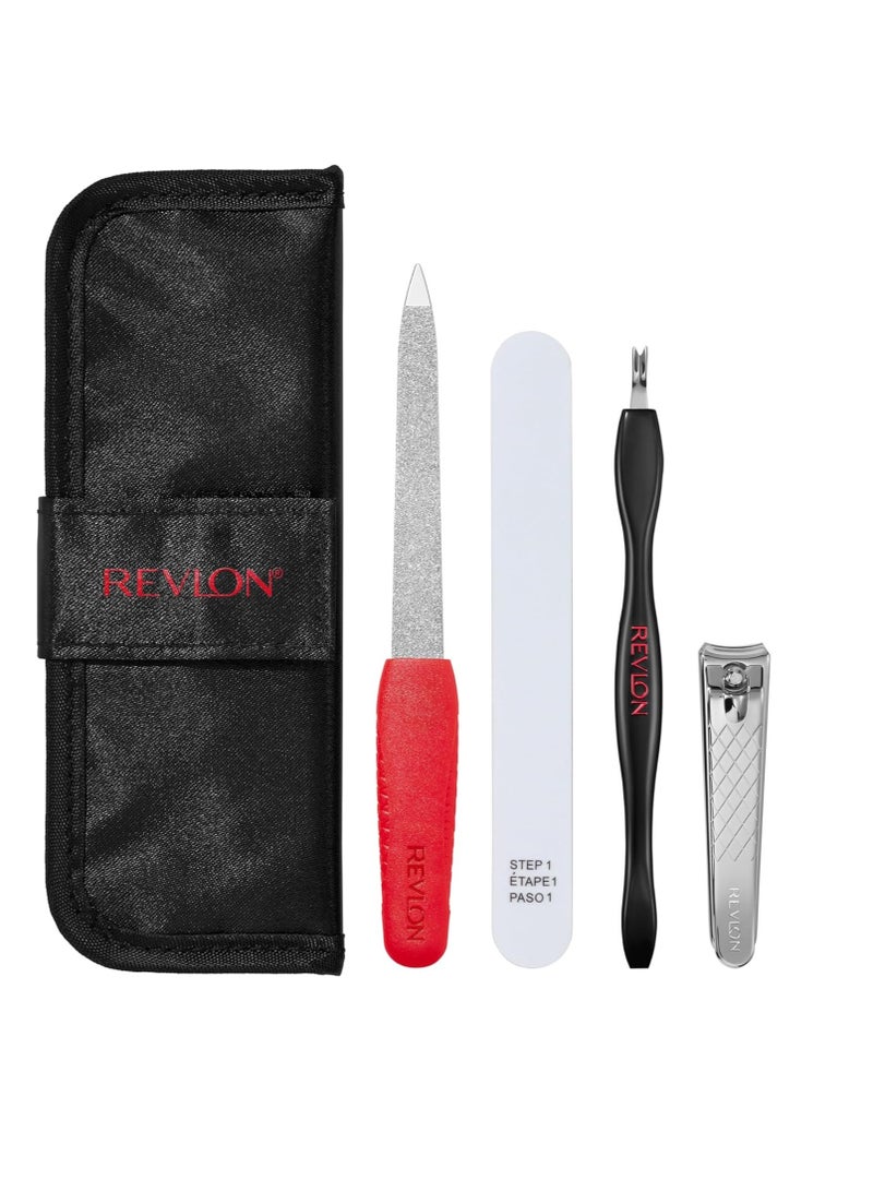 Revlon Manicure Essentials Kit with Travel Case Nail Care Set with Dual Ended Cuticle Trimmer Curved Blade Clippers Compact Emeryl File Buffer Pack of 1 - Image 1