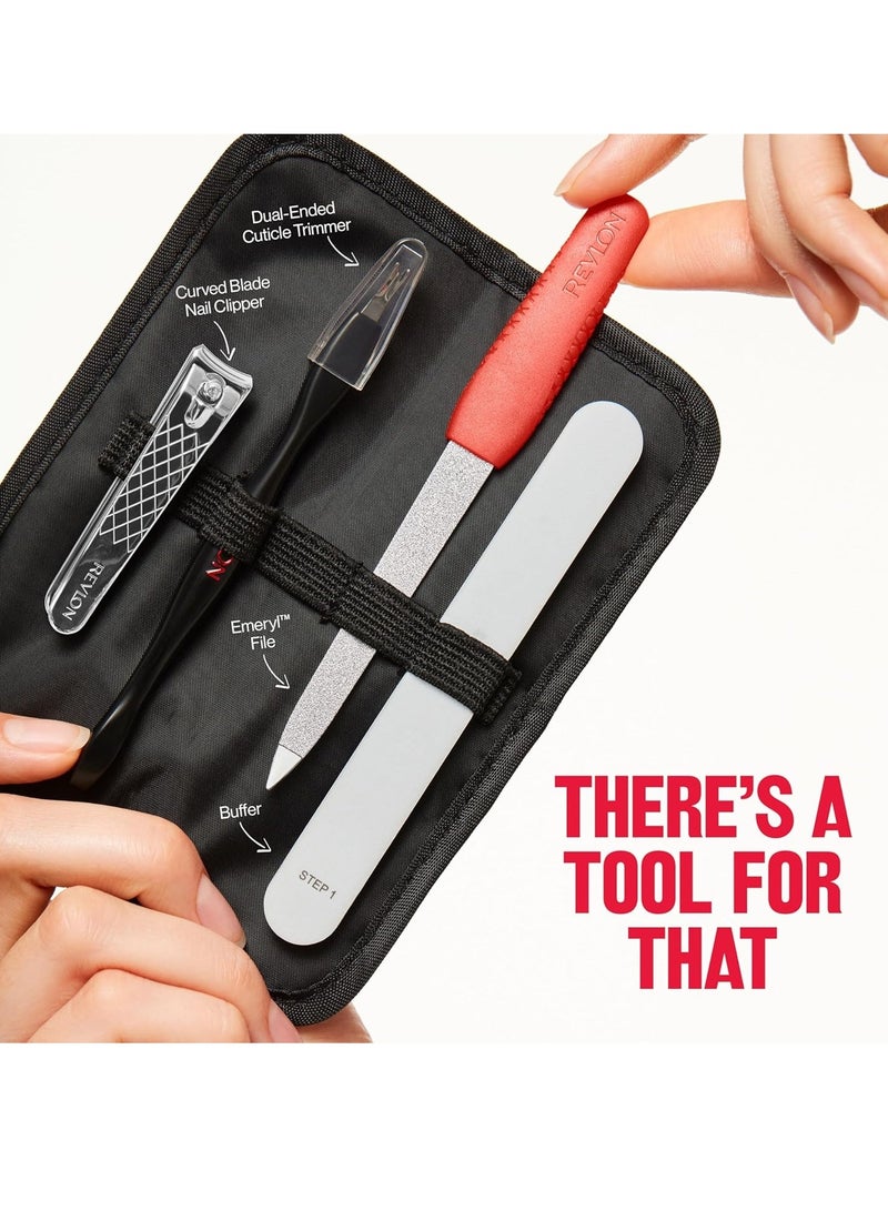 Revlon Manicure Essentials Kit with Travel Case Nail Care Set with Dual Ended Cuticle Trimmer Curved Blade Clippers Compact Emeryl File Buffer Pack of 1 - Image 4
