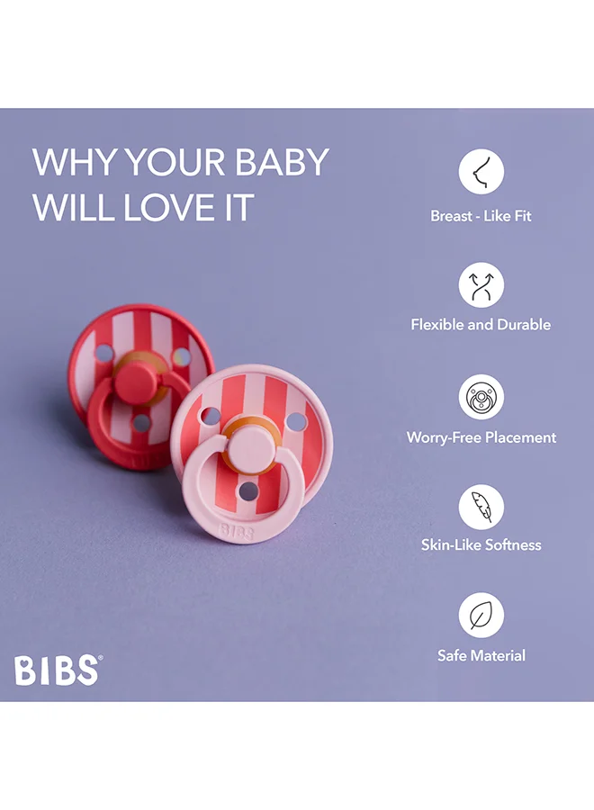 BIBS Studio Colour Round Pacifier, 2 Pieces, Latex Size 2, 6 - 18 Months, Baby Pink Coral, Infant Soother With Natural Rubber, Bpa - Free And Gentle