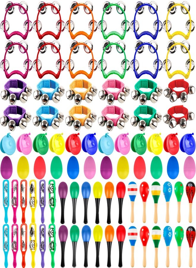 Swakuta 84 Pcs Shaker Musical Instruments Set including 12 Plastic Handheld Tambourine Bells 12 Colorful Cymbal 12 Egg Shaker 24 Maracas 12 Wrist Bells with 12 Castanets for Preschool Early Music Learning Toy - Image 1
