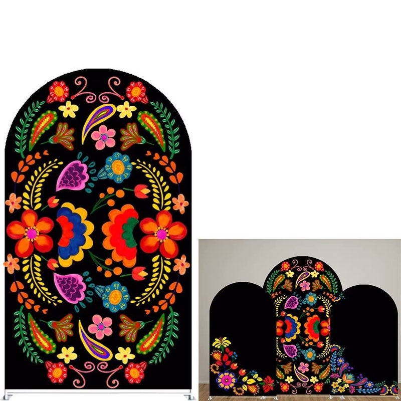 FiVan Spandex Arch Covers Stretchy Curved Backdrop Mexico Flower Black Background Cover for Day of The Dead Festival Decoration (Width=48"(120cm),Height=85"(210cm),FUS-Arch-GX-1044) - Image 1
