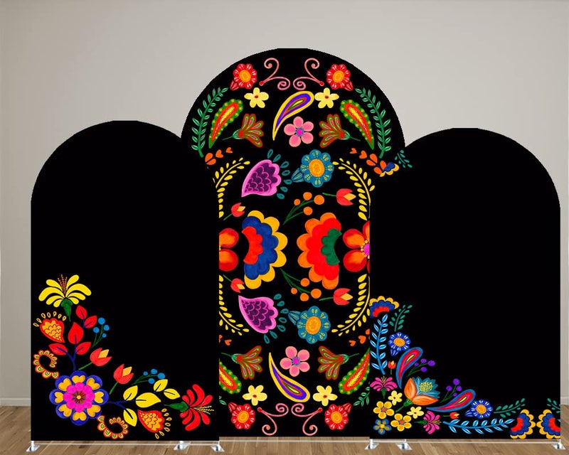 FiVan Spandex Arch Covers Stretchy Curved Backdrop Mexico Flower Black Background Cover for Day of The Dead Festival Decoration (Width=48"(120cm),Height=85"(210cm),FUS-Arch-GX-1044) - Image 5