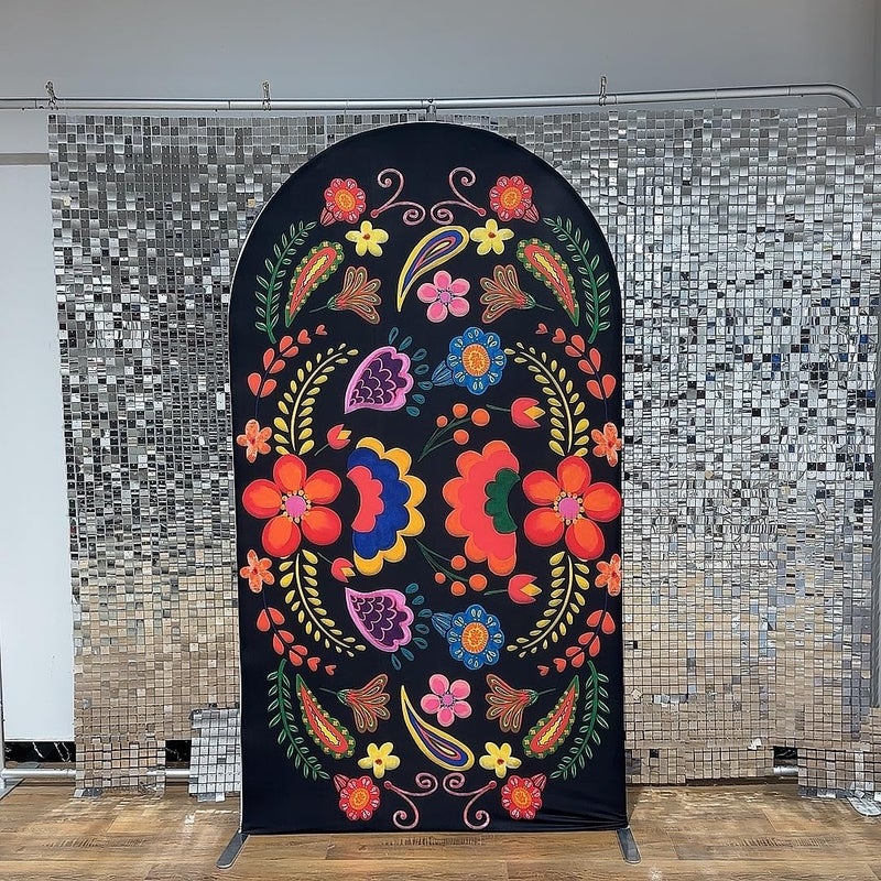 FiVan Spandex Arch Covers Stretchy Curved Backdrop Mexico Flower Black Background Cover for Day of The Dead Festival Decoration (Width=48"(120cm),Height=85"(210cm),FUS-Arch-GX-1044) - Image 2