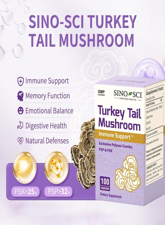 Sino-Sci Turkey Tail Mushroom - PSK>25% & PSP > 32%,Support Immune & Cellular Level, Non-GMO - 100 Caps - Image 2