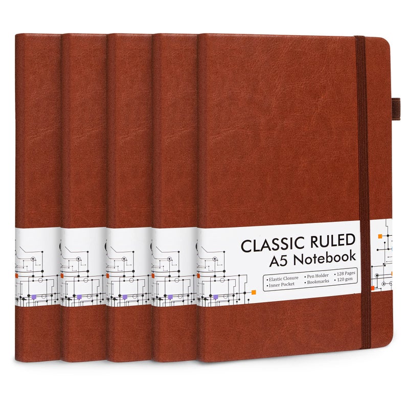 Feela 5 Pack Journal Notebook Bulk for School, Feela Hardcover Business Notebooks Classic Ruled Lined Journals with Pen Holder for Work Note Taking, with 5 Black Pens, 120 GSM, 5.1â€x8.3â€, A5, Brown - Image 1