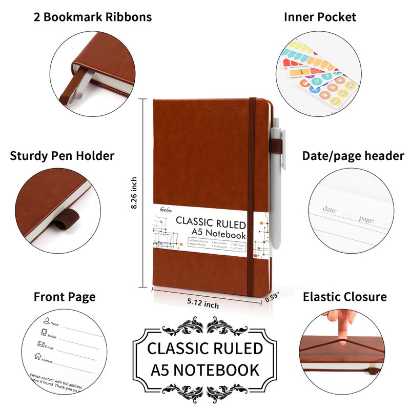 Feela 5 Pack Journal Notebook Bulk for School, Feela Hardcover Business Notebooks Classic Ruled Lined Journals with Pen Holder for Work Note Taking, with 5 Black Pens, 120 GSM, 5.1â€x8.3â€, A5, Brown - Image 2