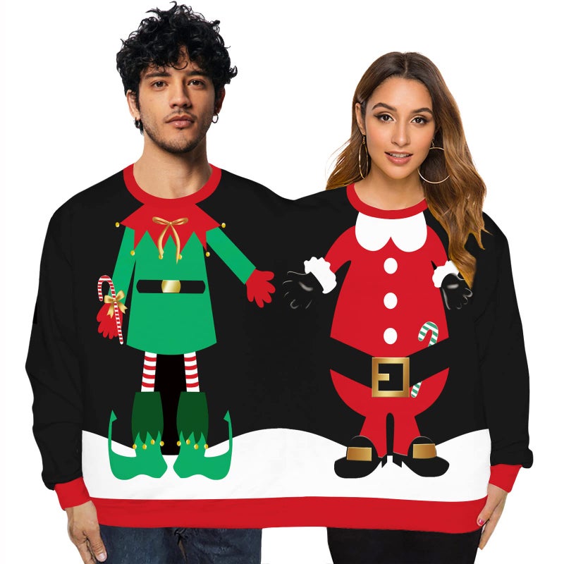GRAJTCIN Mens and Womens Two Person Ugly Christmas Sweater 3D Printed Couple Sweatshirt Adult Jumper Black Santa Elf