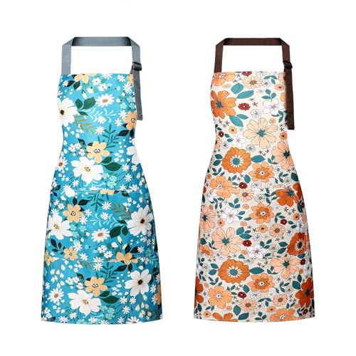 IHFAIO Floral Apron Women, 2 Pack Aprons for Women with Pockets, Waterproof Kitchen Apron Aprons for Cooking, Baking (Blue Yellow) - Image 1