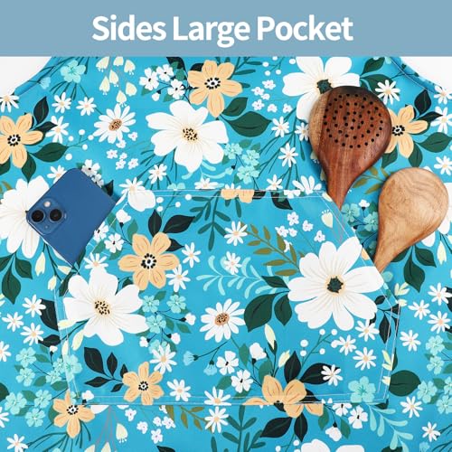 IHFAIO Floral Apron Women, 2 Pack Aprons for Women with Pockets, Waterproof Kitchen Apron Aprons for Cooking, Baking (Blue Yellow) - Image 3