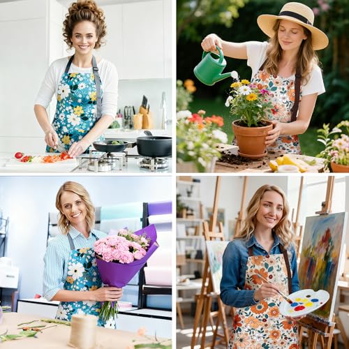 IHFAIO Floral Apron Women, 2 Pack Aprons for Women with Pockets, Waterproof Kitchen Apron Aprons for Cooking, Baking (Blue Yellow) - Image 5