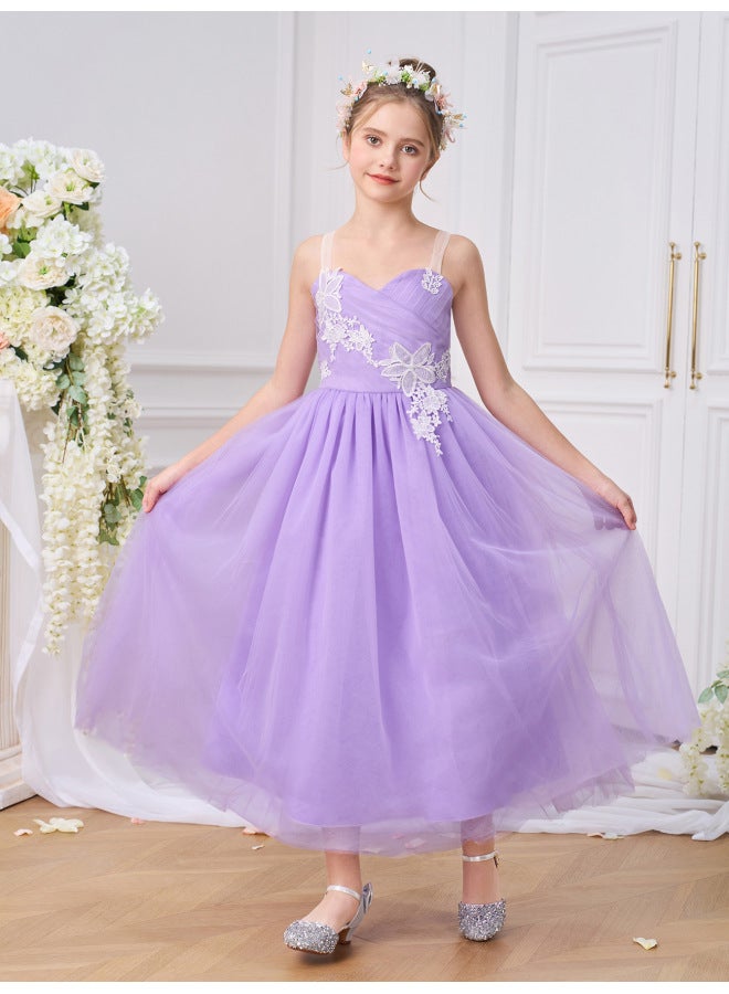 European And American Banquet Dress Purple Suspender Dress Girls Mesh Princess Dress Flower Girl Little Girl Hosting Performance Clothing