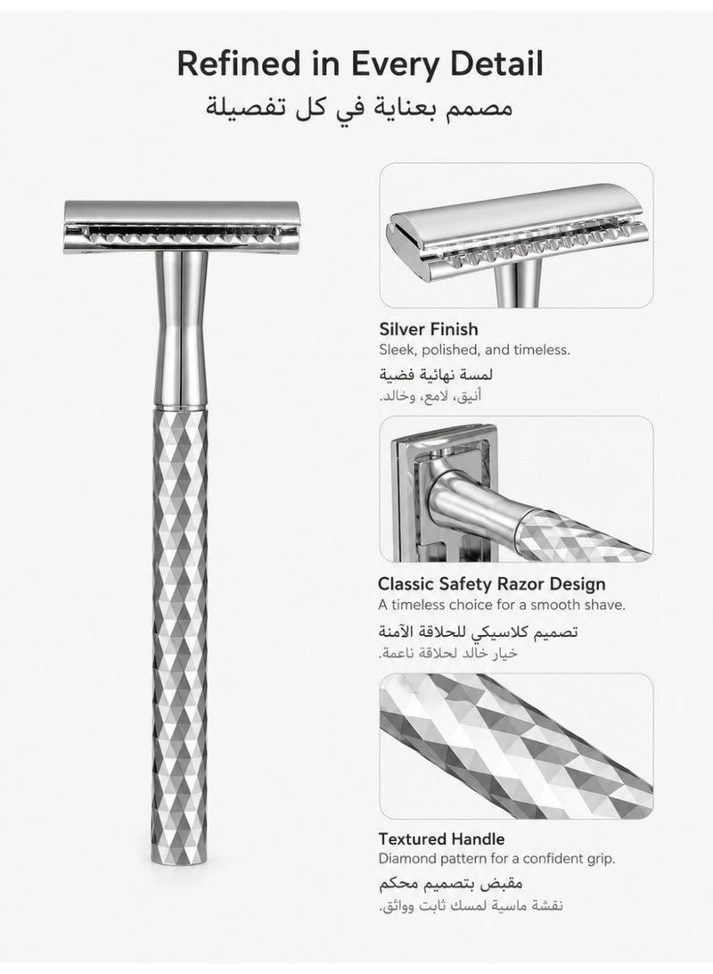 Double Blade Safety Razor with Zinc Alloy Handle, Exclusive diamond patterned handle design, Includes 10 Extra Blades - Silver 016 - Image 4