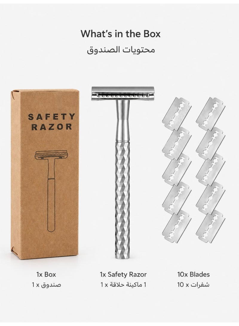 Double Blade Safety Razor with Zinc Alloy Handle, Exclusive diamond patterned handle design, Includes 10 Extra Blades - Silver 016 - Image 5