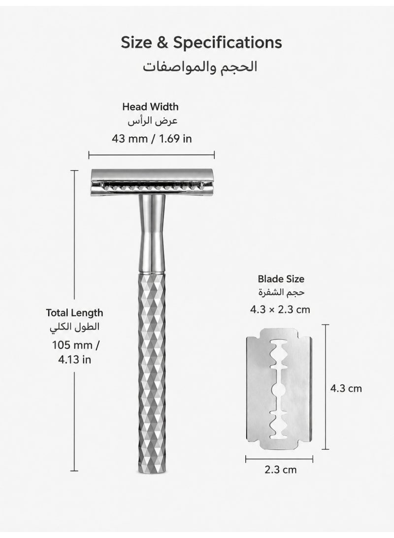 Double Blade Safety Razor with Zinc Alloy Handle, Exclusive diamond patterned handle design, Includes 10 Extra Blades - Silver 016 - Image 3