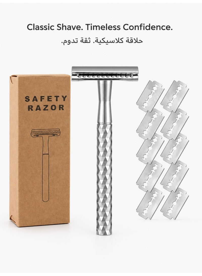 Double Blade Safety Razor with Zinc Alloy Handle, Exclusive diamond patterned handle design, Includes 10 Extra Blades - Silver 016 - Image 1