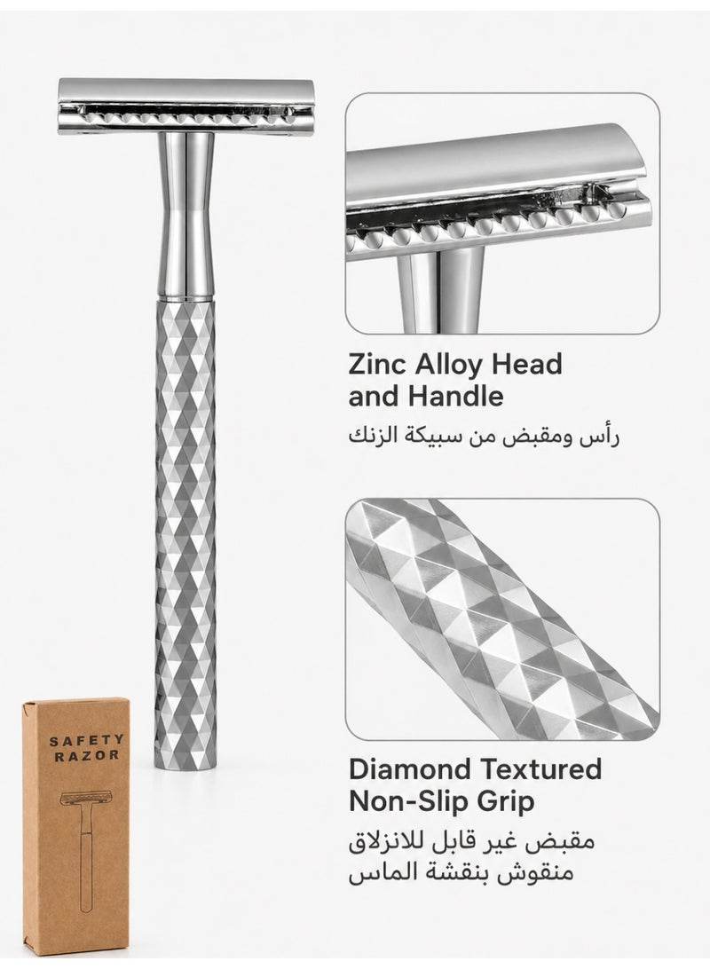 Double Blade Safety Razor with Zinc Alloy Handle, Exclusive diamond patterned handle design, Includes 10 Extra Blades - Silver 016 - Image 2