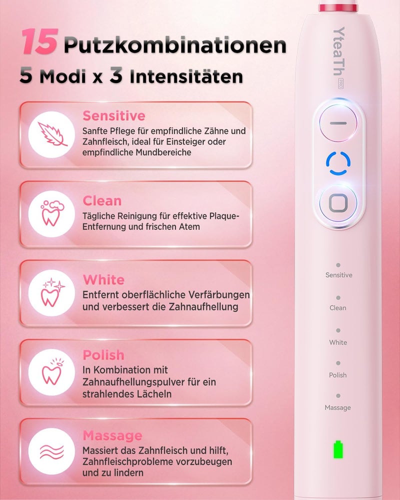 YTEATH PRO Rotating Electric Toothbrushes for Adults and Children with 8 Toothbrush Heads (2 Types), 3 Intensities, 5 Modes, Electric Toothbrush with Wall Mount Charging Station, 2 Minute Brushes, Timer - Image 4
